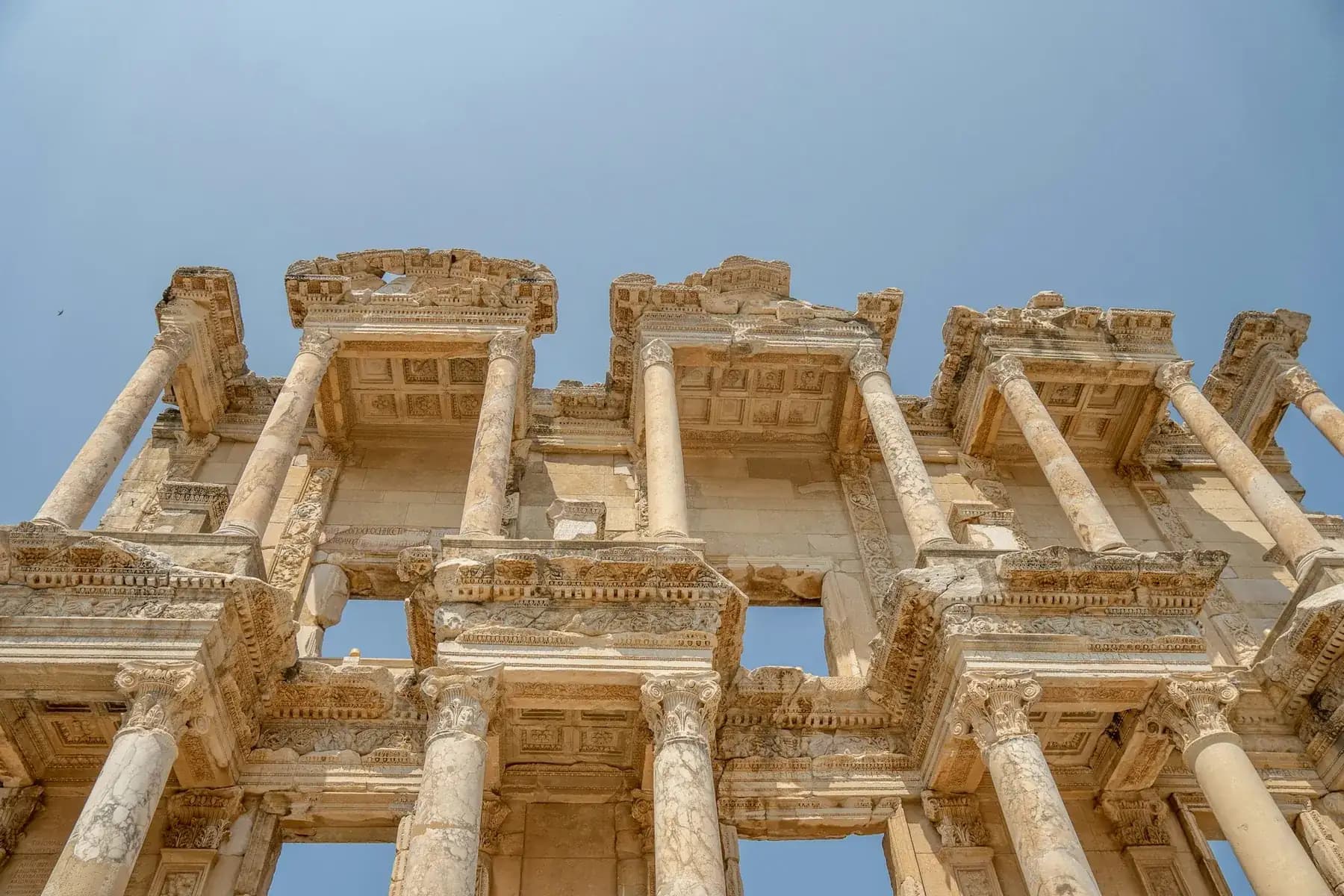 The two-story facade of the Library of Celsus in ancient Ephesus, Turkey